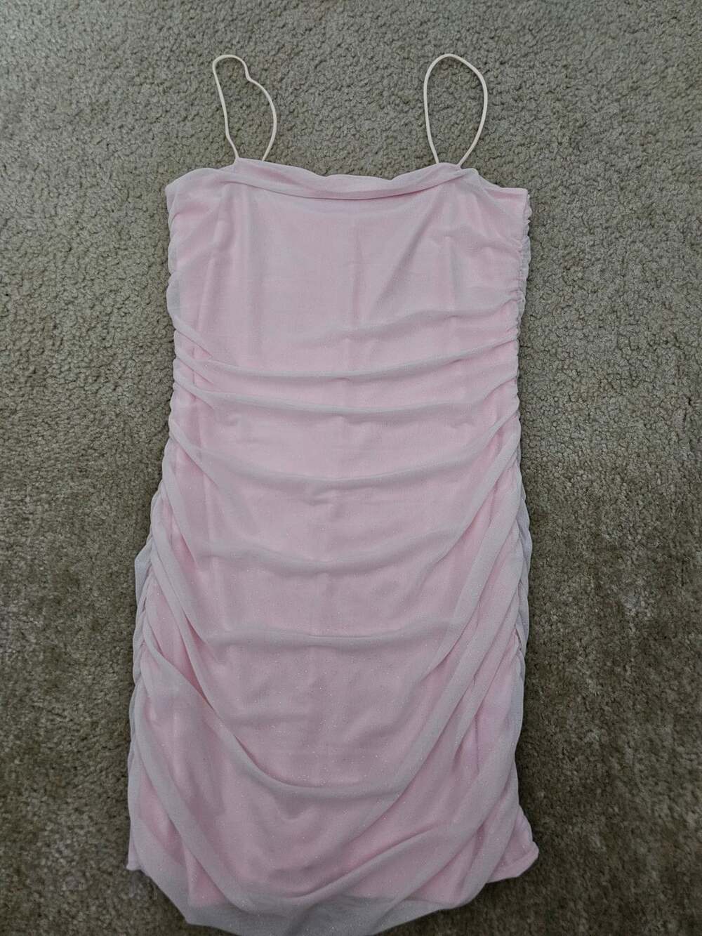 Women’s Pink Glitter Mesh Ruched Bodycon Mini Dress Spaghetti Strap Size S